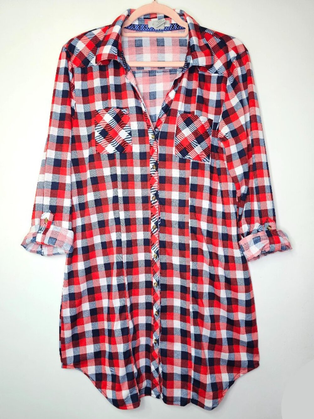 Passport Long Sleeve Button Up Tunic Faux Flannel Shirt Dress Top Buffalo Plaid